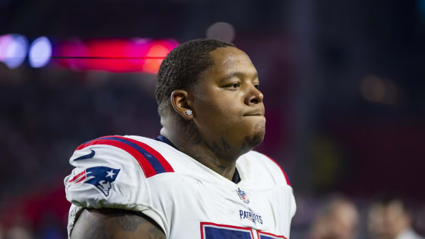 Dec 12, 2022; Glendale, Arizona, USA; New England Patriots offensive tackle Trent Brown (77) against the Arizona Cardinals at State Farm Stadium. Mandatory Credit: Mark J. Rebilas-USA TODAY Sports  